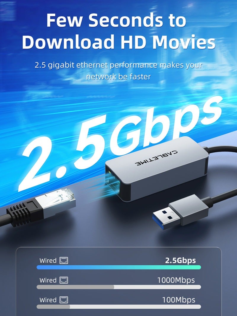 CABLETIME 2.5GBPS USB 3.0 A TO RJ45 GIGABIT ETHERNET ADAPTER COMPATABLE WITH LAPTOP MACBOOK AIR/PRO, XPS - Image 2